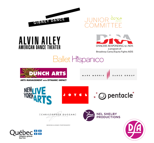 Logos for 2014 Dance/NYC Symposium Sponsors: Gibney Dance, Alvin Ailey, Dancers Responding to AIDS, Ballet Hispanico, Dunch Arts, Mark Morris Dance Group, New York Live Arts, JOYCL, Pentacle, Christopher Duggan, Nel Shelby Productions, Quebec, and  DA