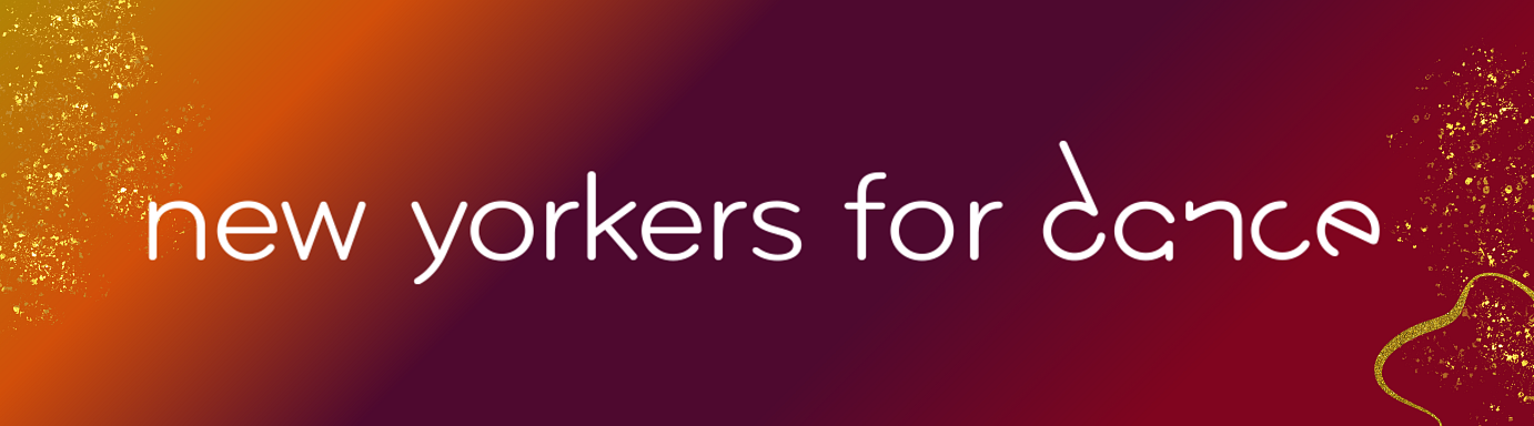 Orange and purple banner with gold sparkles around the border. White text reads 'new yorkers for dance'