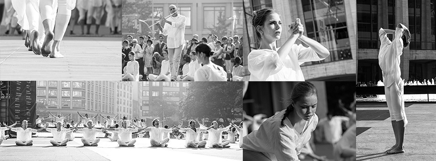 Images of dancers dressed in white linens in gestures and movements of peace. 